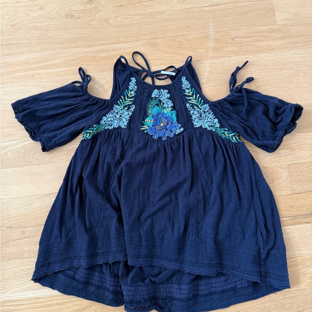 Free People Navy off the Shoulder Tunic with Floral Embroidery